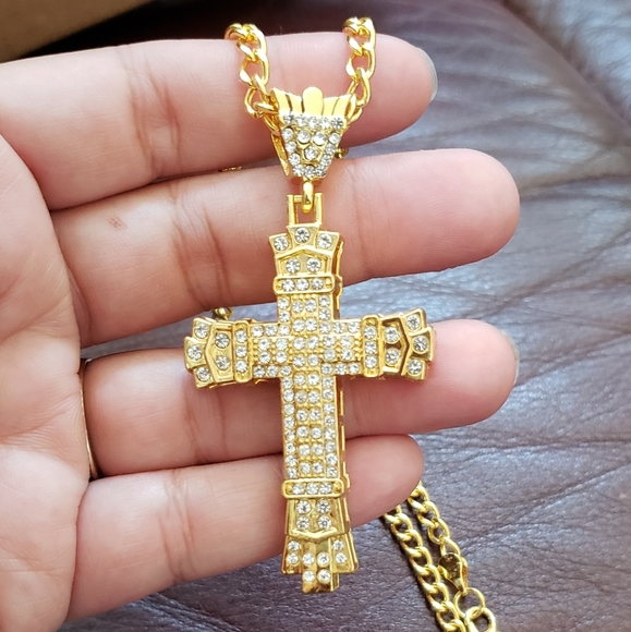 Gold Tone CZ Cross Pendant Necklace - Picture 6 of 6